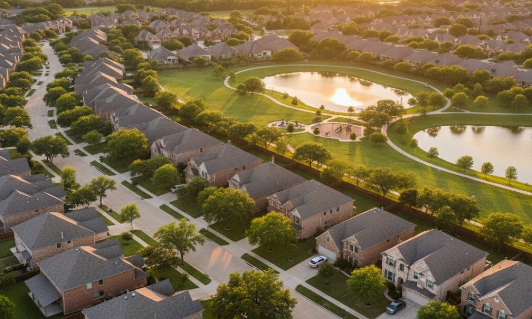 Houston suburban neighborhood at sunset — FHA vs conventional loan comparison for Houston buyers